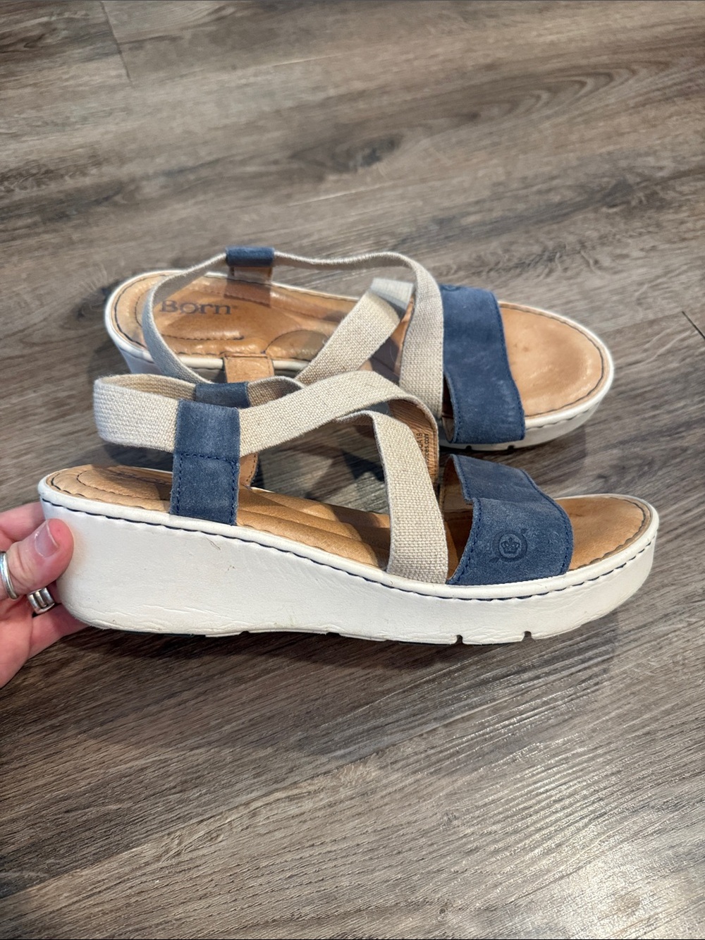 Born Kasady Blue Leather Stretch Platform Wedge Sandals Size 10